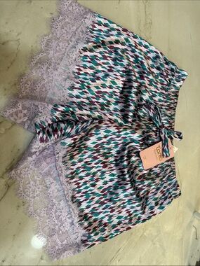 Lace Trim Satin Sleep Shorts in Teal, Purple & White
